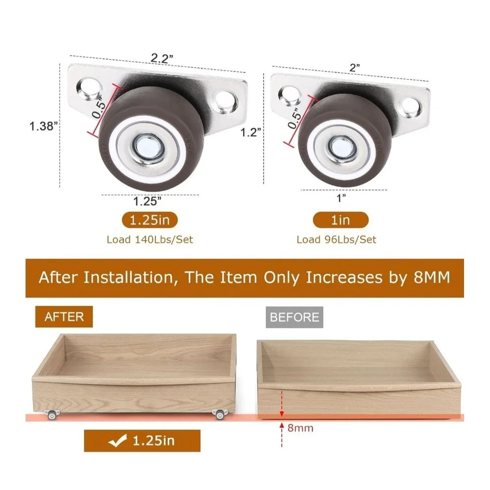 YHXIXI‎ 4pcs 1.25in Low Profile Edge Side Mount Caster Wheels Set